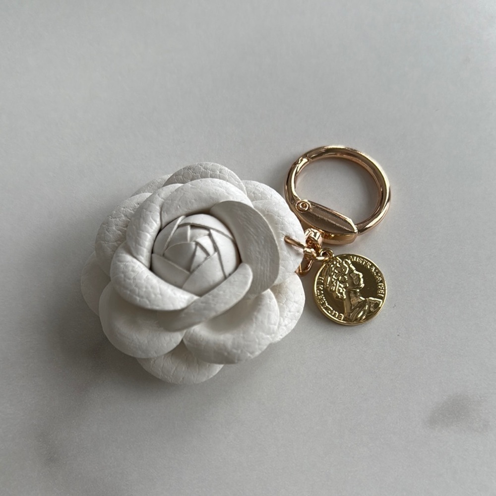 White Flower Keychain with Gold Charm